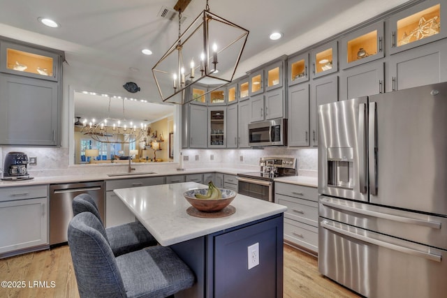 kitchen with decorative backsplash, appliances with stainless steel finishes, gray cabinetry, a kitchen bar, and a sink