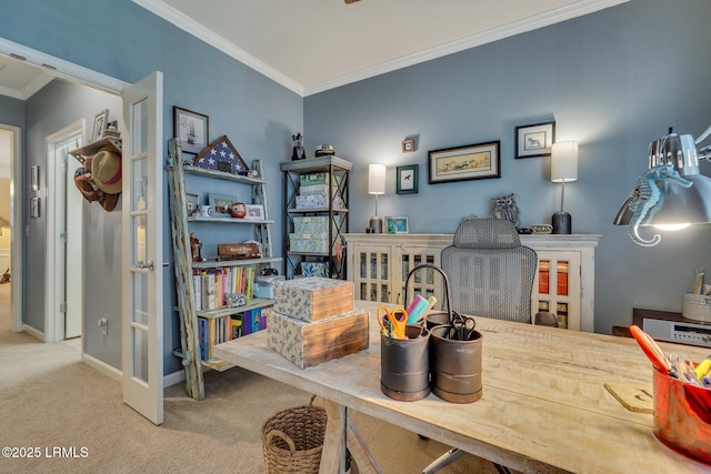 office space with carpet, baseboards, and crown molding