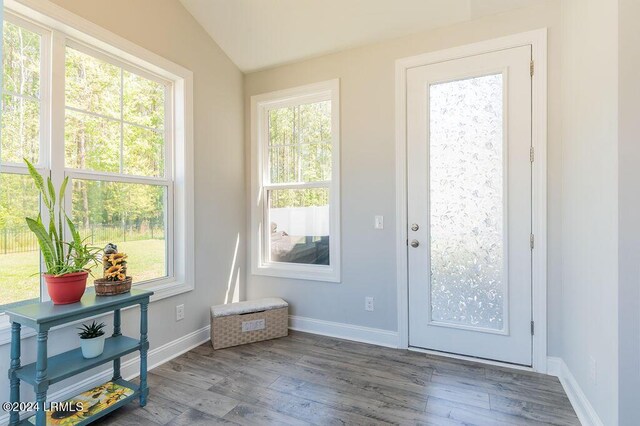 doorway to outside featuring hardwood / wood-style flooring and lofted ceiling