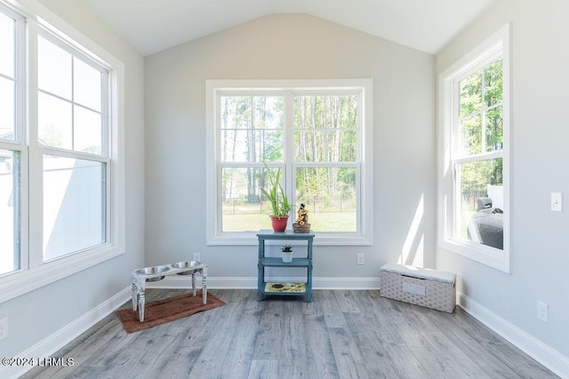 living area featuring lofted ceiling and light hardwood / wood-style flooring