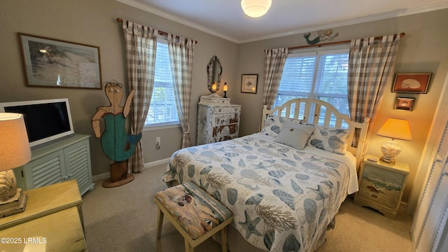 carpeted bedroom featuring baseboards, multiple windows, and ornamental molding