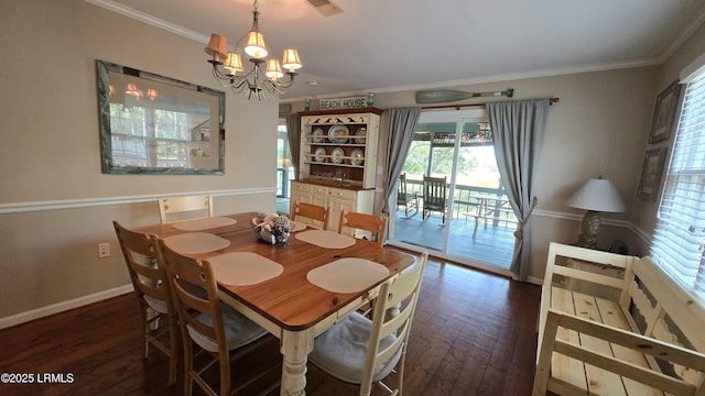 dining room featuring ornamental molding, baseboards, an inviting chandelier, and wood-type flooring