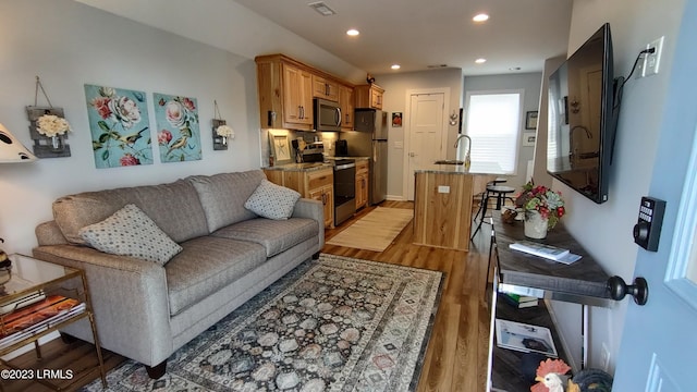 living room with sink and hardwood / wood-style floors