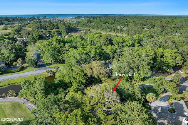 bird's eye view featuring a wooded view