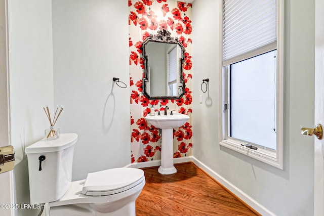 bathroom featuring baseboards, plenty of natural light, toilet, and wood finished floors