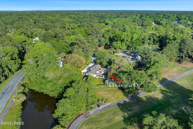 drone / aerial view featuring a view of trees