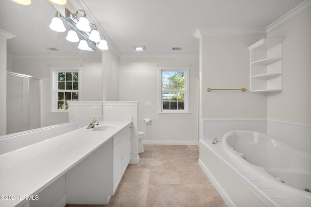 full bathroom featuring independent shower and bath, crown molding, vanity, and toilet