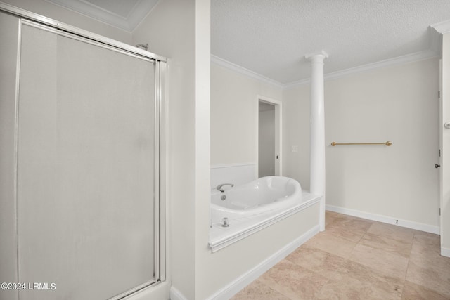 bathroom with crown molding, independent shower and bath, and a textured ceiling