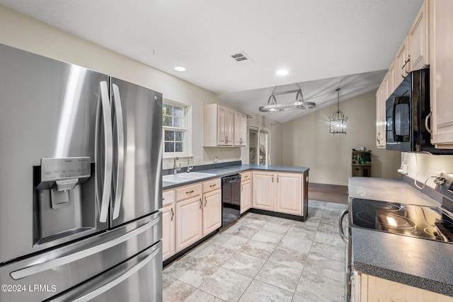 kitchen with pendant lighting, lofted ceiling, sink, black appliances, and light brown cabinets