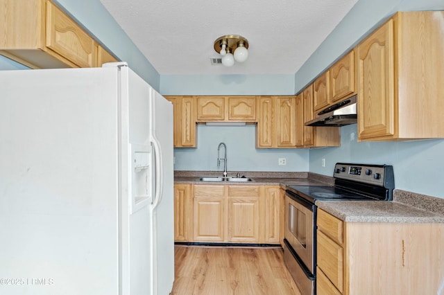 1986 Pulaski Dr, Beaufort, SC 29906 - kitchen featuring under cabinet range hood, stainless steel electric stove, light brown cabinetry, white refrigerator with ice dispenser, and a sink