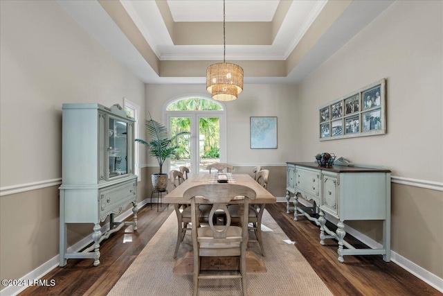 dining space with a raised ceiling and dark hardwood / wood-style floors