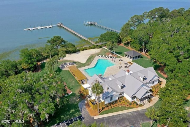 birds eye view of property featuring a water view