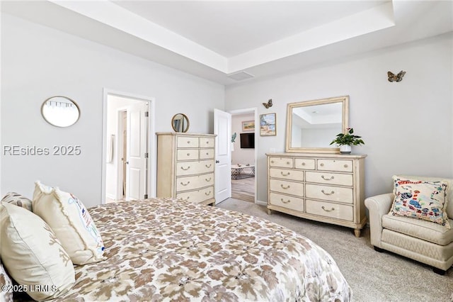bedroom featuring light colored carpet and a raised ceiling