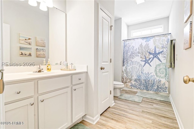 bathroom featuring vanity, wood-type flooring, a shower with shower curtain, and toilet