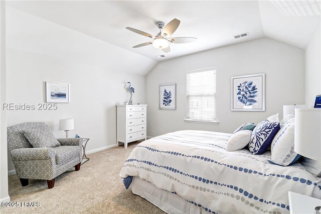 carpeted bedroom featuring ceiling fan and lofted ceiling