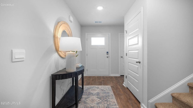1444 Sanctum St, Ridgeland, SC 29936 - foyer entrance with dark wood-style floors, stairway, baseboards, and recessed lighting