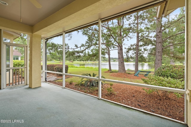 7 Fenwick Dr, Bluffton, SC 29909 - unfurnished sunroom featuring a water view and ceiling fan