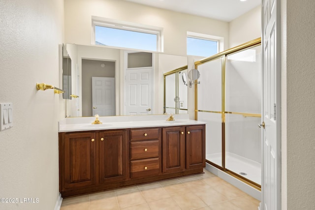 7 Fenwick Dr, Bluffton, SC 29909 - full bathroom featuring a stall shower, double vanity, and tile patterned flooring