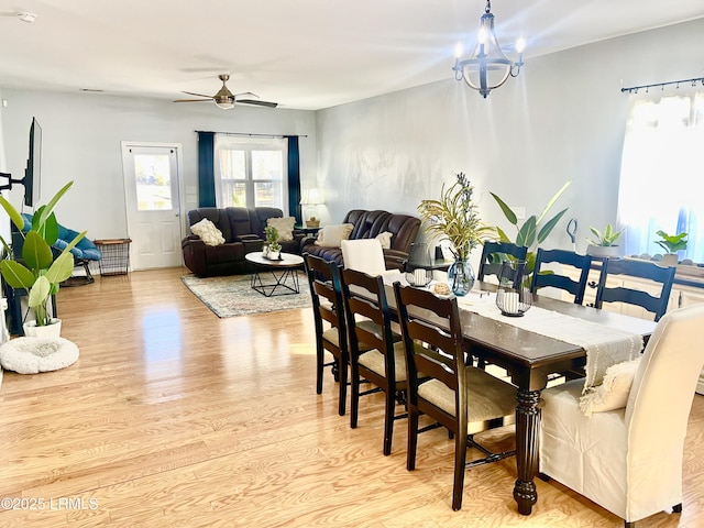 dining space with ceiling fan with notable chandelier and light hardwood / wood-style floors