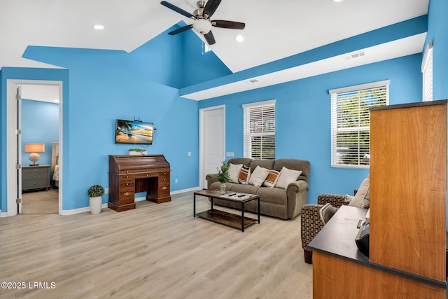 39 Island Breeze Ln Unit 102, Hardeeville, SC 29927 - living area with a ceiling fan, light wood finished floors, baseboards, high vaulted ceiling, and recessed lighting