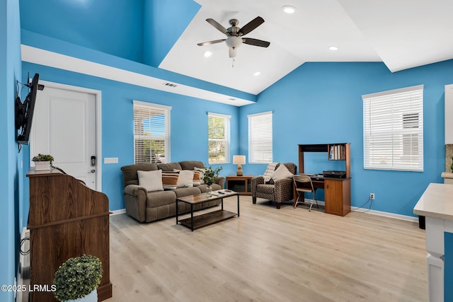 39 Island Breeze Ln Unit 102, Hardeeville, SC 29927 - living area featuring a ceiling fan, baseboards, lofted ceiling, light wood-style floors, and recessed lighting