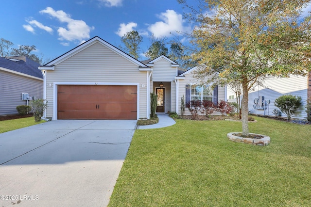 single story home with a front yard, an attached garage, and driveway