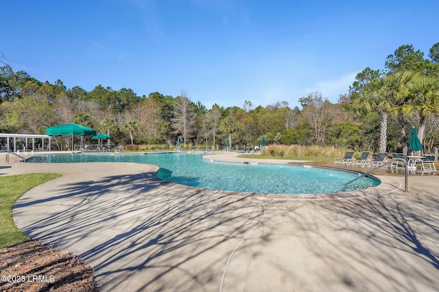 community pool with a wooded view and a patio