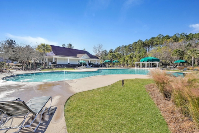 community pool featuring a patio and a yard