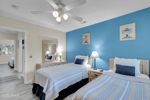 bedroom featuring ceiling fan and light wood-type flooring