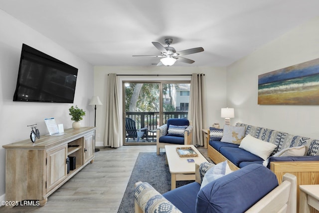 living room featuring ceiling fan and light hardwood / wood-style floors