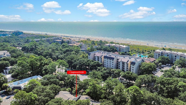 aerial view featuring a view of the beach and a water view