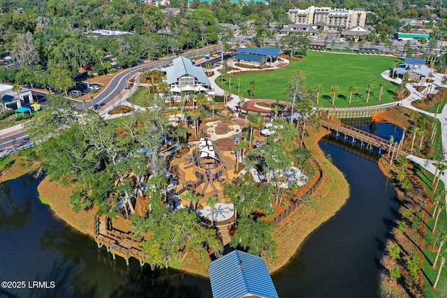 bird's eye view with a water view