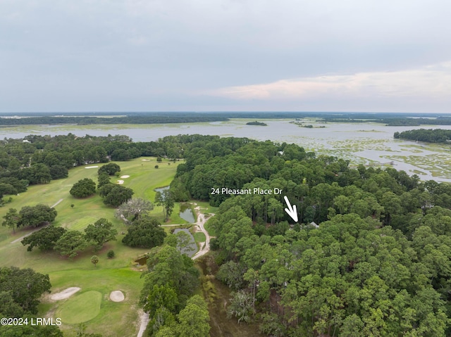 aerial view with a water view and golf course view