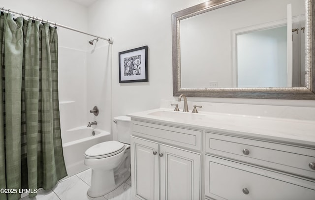 full bathroom featuring vanity, shower / bath combination with curtain, and toilet