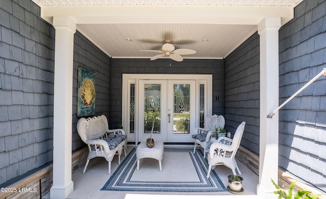 view of patio featuring ceiling fan and french doors