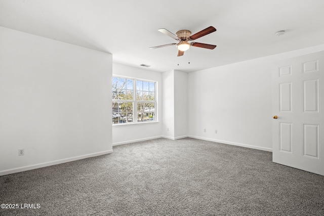 spare room with visible vents, ceiling fan, baseboards, and carpet floors