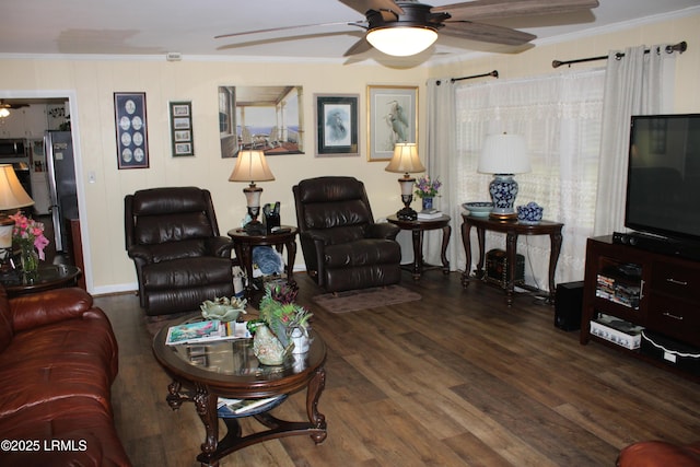 110 Joey St, Hampton, SC 29924 - living room featuring ceiling fan, ornamental molding, and wood finished floors