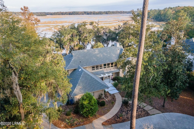 drone / aerial view featuring a water view