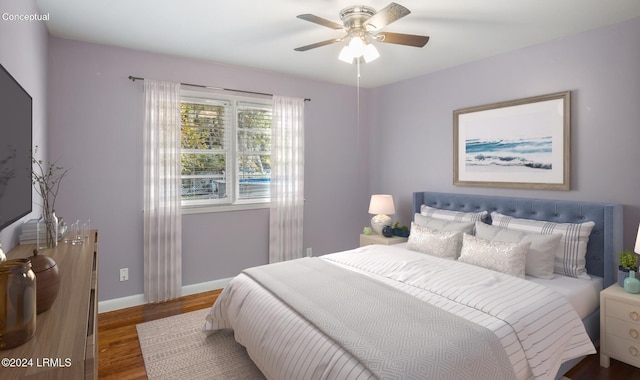 bedroom with dark hardwood / wood-style floors and ceiling fan