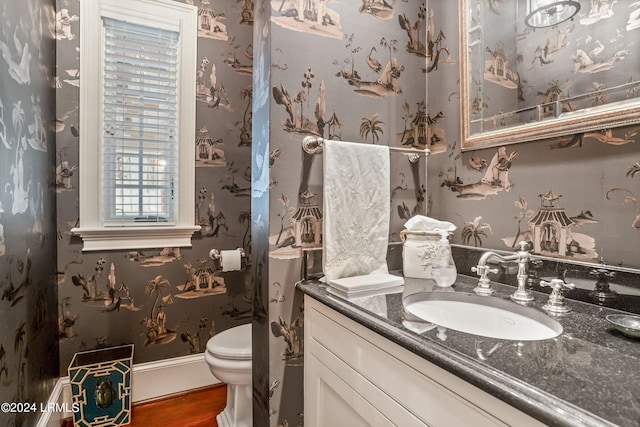 bathroom with vanity, hardwood / wood-style floors, and toilet