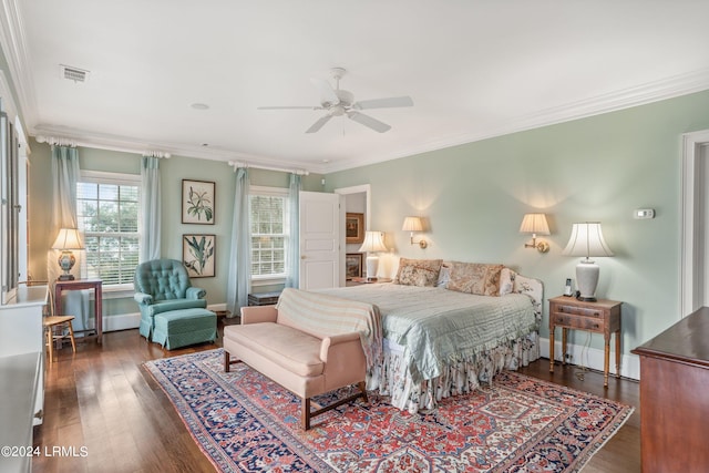 bedroom featuring crown molding, ceiling fan, and dark hardwood / wood-style flooring