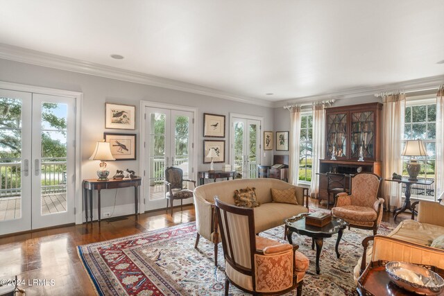 living room with french doors, ornamental molding, dark hardwood / wood-style flooring, and a wealth of natural light