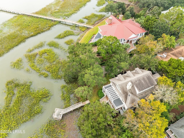 drone / aerial view featuring a water view