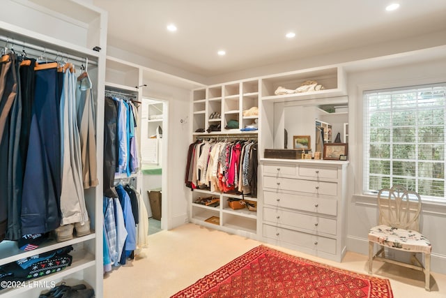 walk in closet featuring light colored carpet