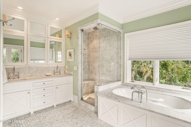 bathroom featuring shower with separate bathtub, a healthy amount of sunlight, and tile patterned floors