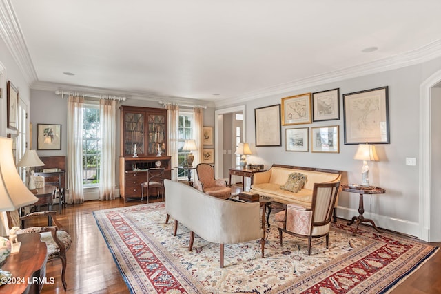 living room featuring wood-type flooring and ornamental molding