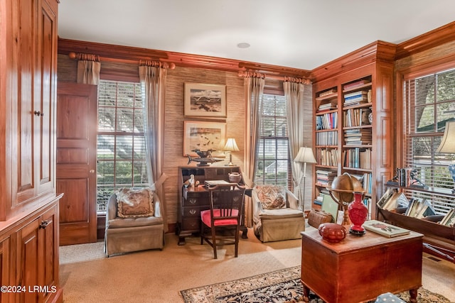 sitting room with ornamental molding and light colored carpet