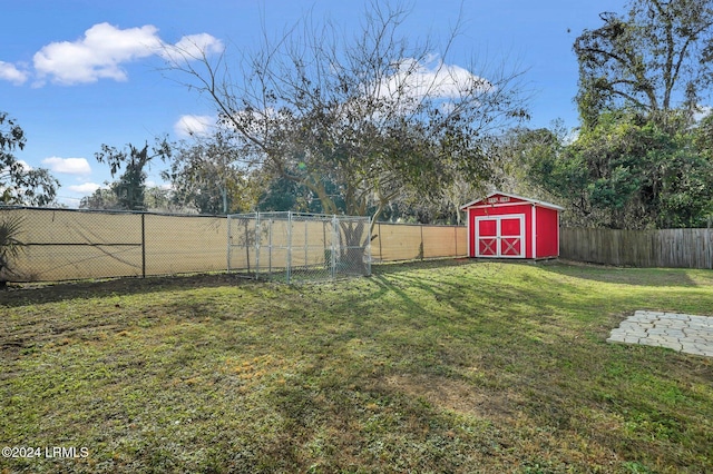 view of yard featuring a storage unit