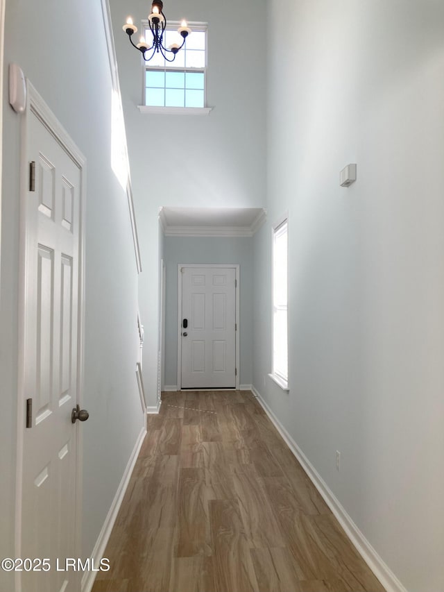 interior space with a towering ceiling, wood-type flooring, a chandelier, and a healthy amount of sunlight