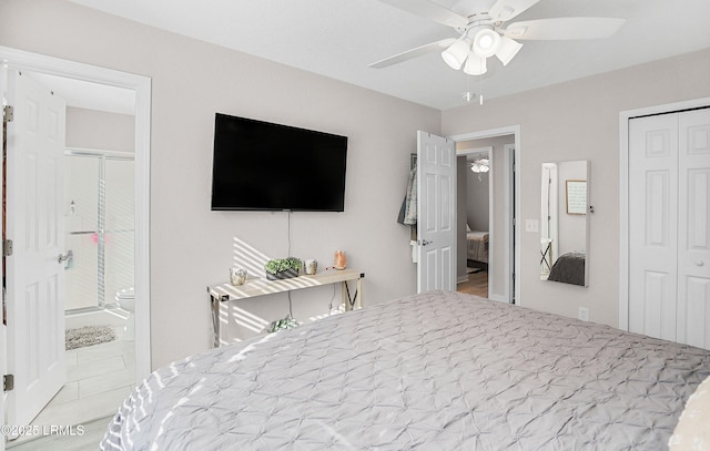 bedroom with connected bathroom, a closet, and ceiling fan